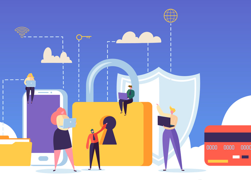 Network Security Landing Page. Data Protection Banner with Flat People Characters and Digital Data Secure Website Template. Easy Edit and Customize. Vector illustration