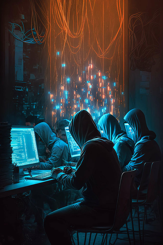 A group of hackers in hooded attire are engaged in unauthorized access to a business's digital services, with a backdrop of vibrant data cables signifying the illicit data extraction process.