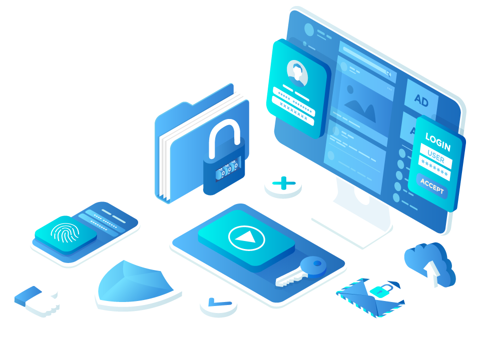 Isometric illustration of cybersecurity elements including a secure login on a desktop, encrypted files, mobile device access, and cloud storage, representing specialized services for various industries.