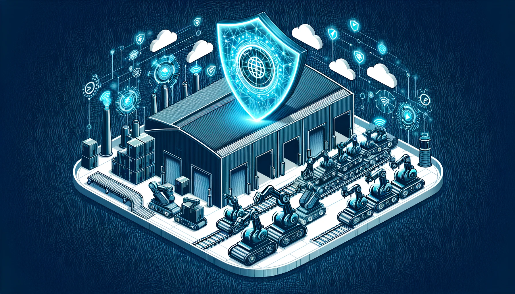 An isometric illustration of an automated warehouse with robotic arms and conveyor belts shielded by a digital cybersecurity barrier, representing the integration of technology and security in the logistics industry.