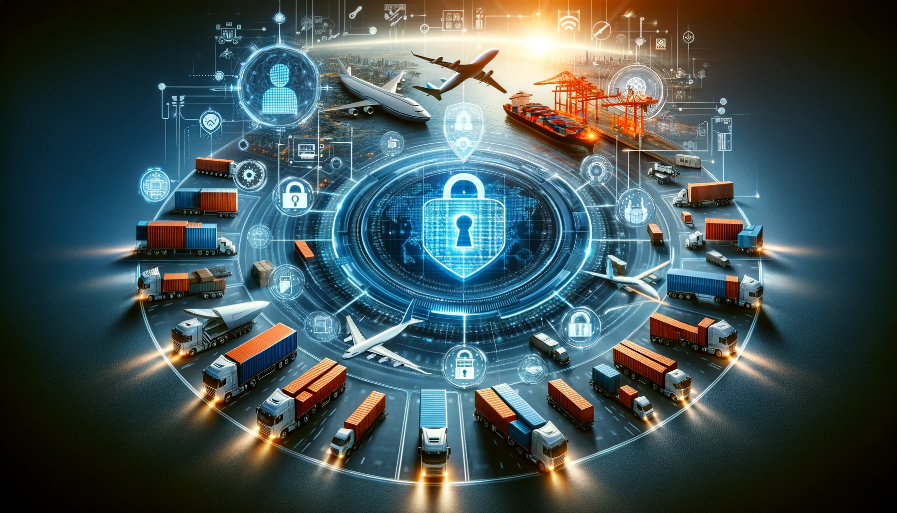 Advanced cybersecurity in logistics concept with digital padlock over cargo containers, trucks, ships, and airplanes