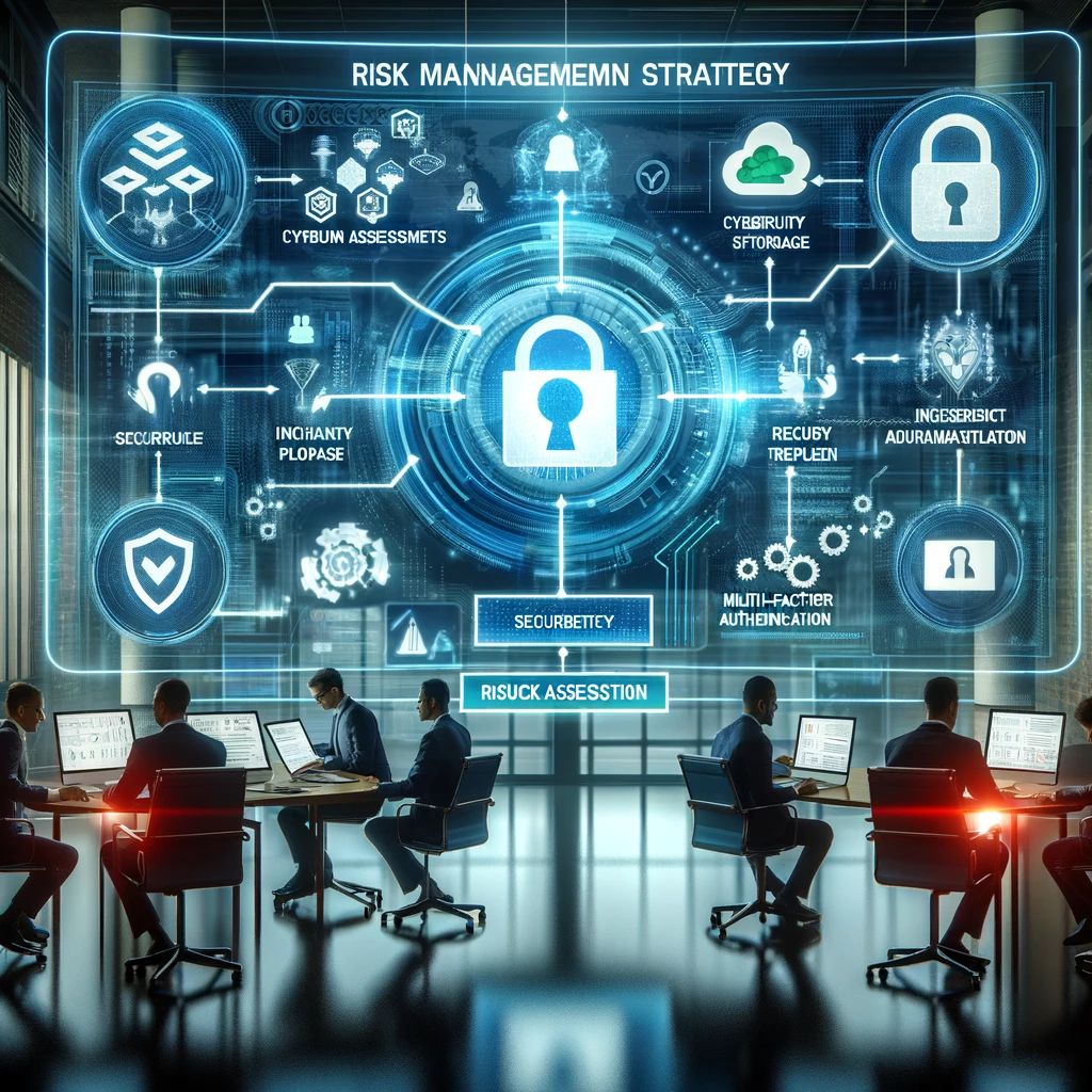 A detailed visualization of a corporate cybersecurity risk management strategy, featuring professionals engaging in risk assessment, incident response planning, and cybersecurity training against a backdrop of digital security measures.