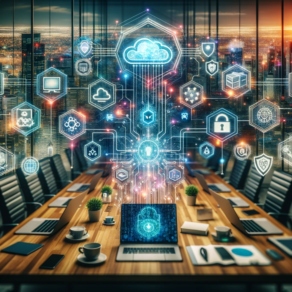 An illustration of digital transformation in a corporate setting, highlighting the integration of AI, cloud computing, IoT devices, and cybersecurity measures like encryption and shields.