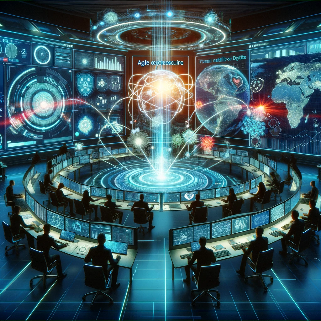 A depiction of an agile cybersecurity strategy in action within a high-tech control room, featuring cybersecurity professionals monitoring digital interfaces and holographic displays of real-time data analytics and threat intelligence, highlighting the proactive and collaborative efforts to identify and mitigate cyber threats.