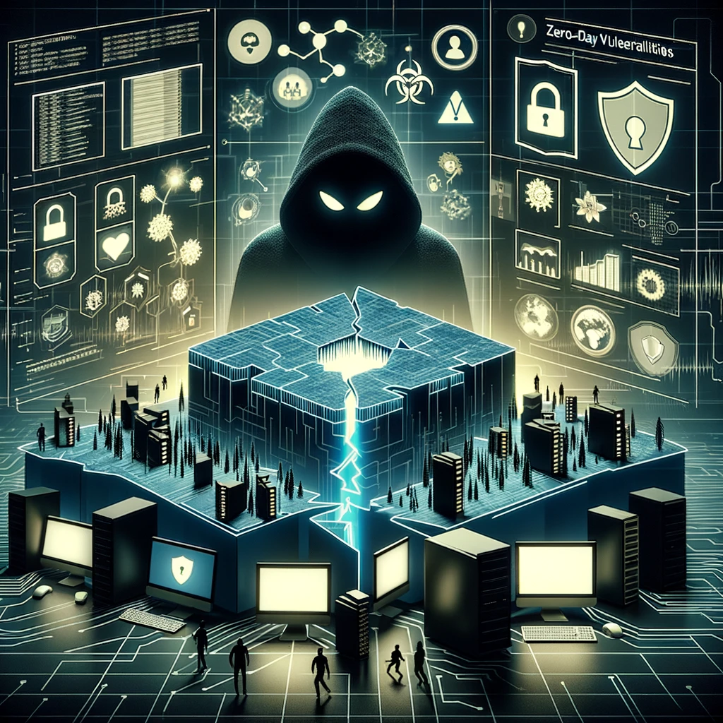 An illustration highlighting zero-day vulnerabilities in a digital landscape, showcasing unseen cracks or flaws within an organization's IT infrastructure and the shadowy threats of potential exploits, contrasted against the bright defenses of shields, firewalls, and security software.