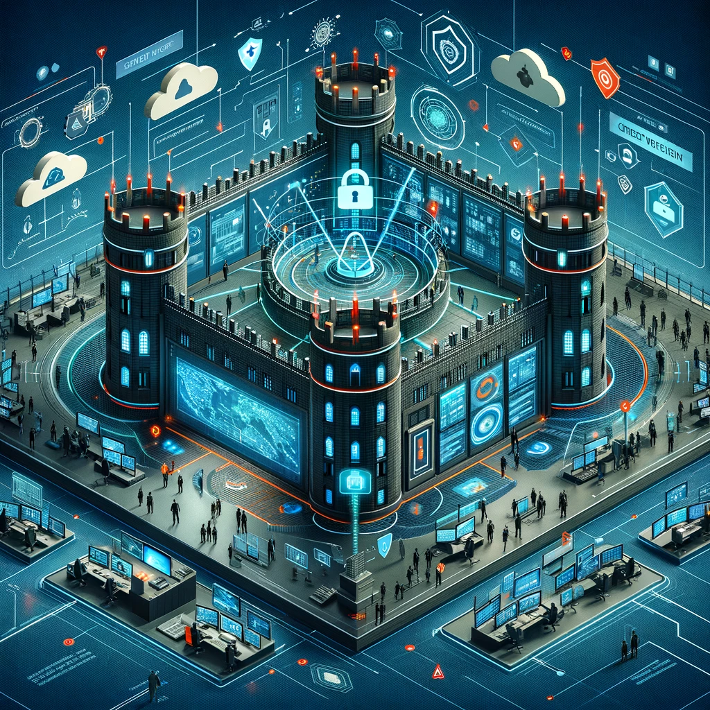 A visual representation of a Zero Trust architecture, featuring a secure digital fortress protected by advanced security measures, surrounded by cloud computing environments, mobile networks, and remote workspaces, with IT professionals inside monitoring and managing real-time threat intelligence.