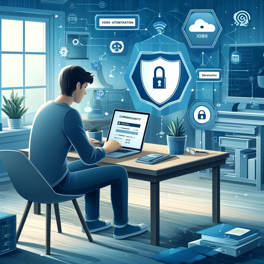 A digital illustration of a remote worker in a home office securely accessing corporate data, with the laptop displaying VPN and multi-factor authentication interfaces.