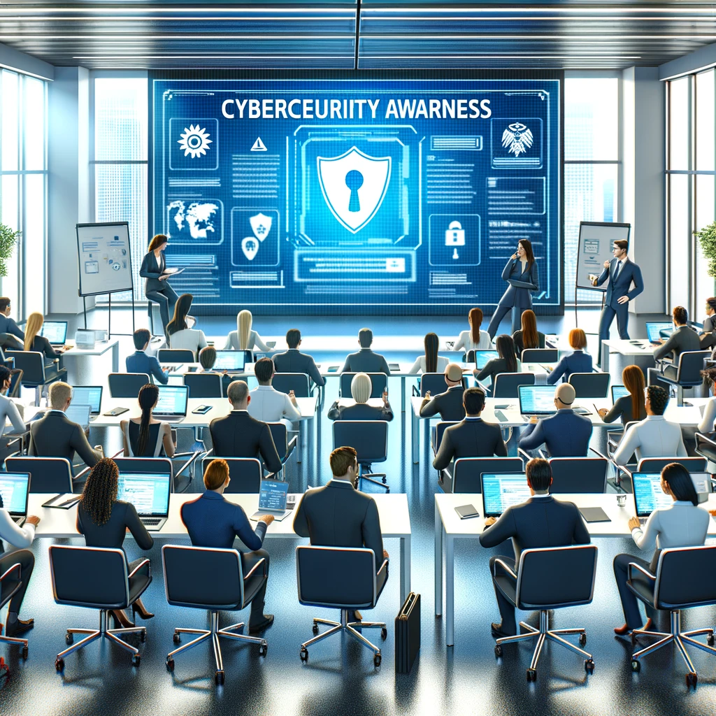 A digital illustration of a cybersecurity awareness training session in a corporate setting, showing a diverse group of employees engaged and participating actively.