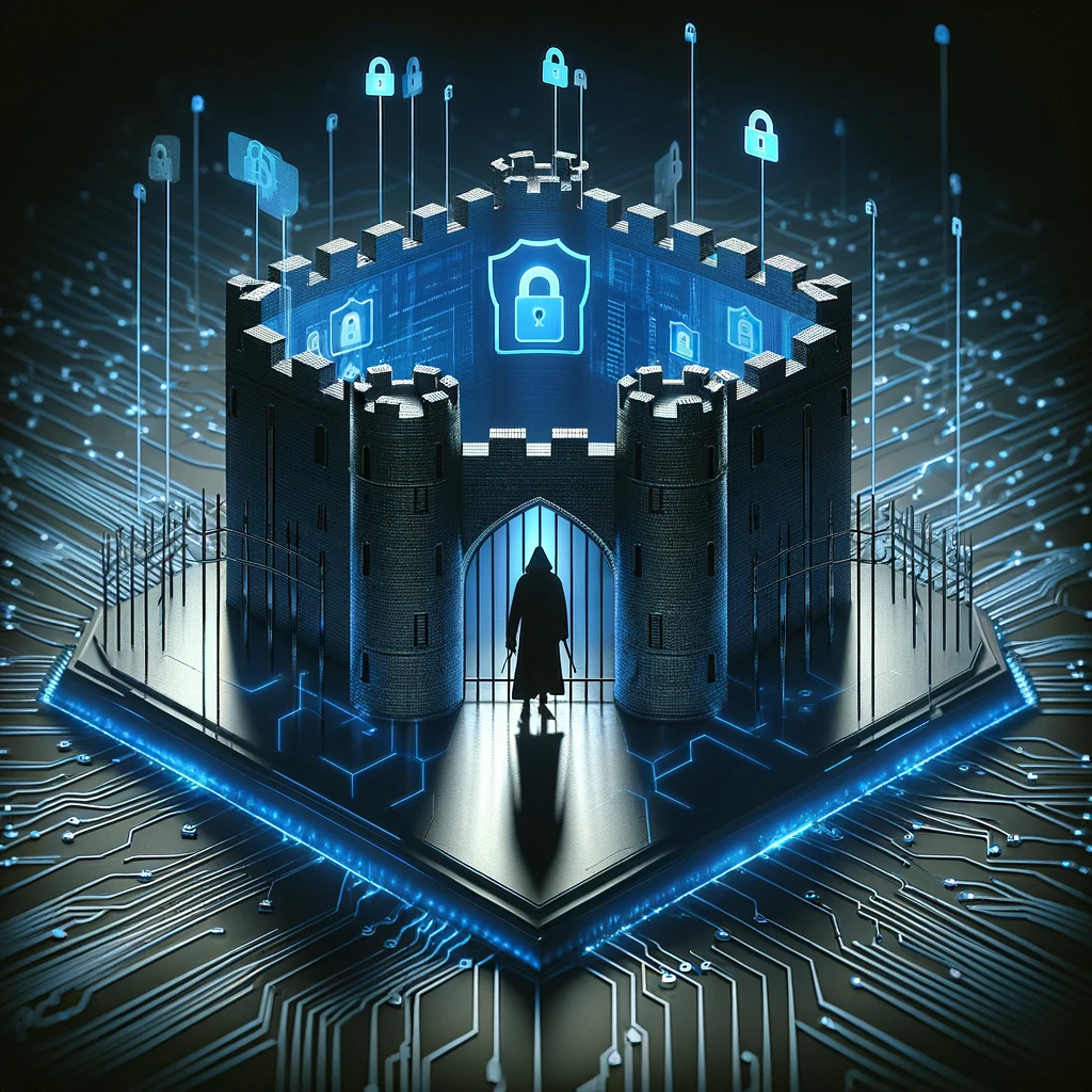 A digital illustration showing a metaphorical representation of insider threats in cybersecurity, featuring a secured network being accessed by a shadowy figure from within, symbolizing both malicious and negligent insiders.