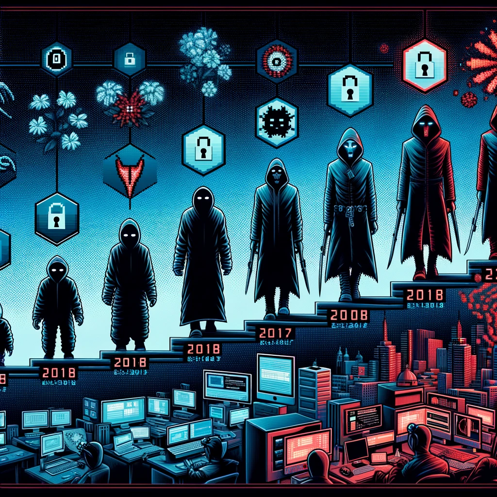 A digital illustration showcasing the timeline of ransomware evolution from early basic malware to modern sophisticated cyber threats.