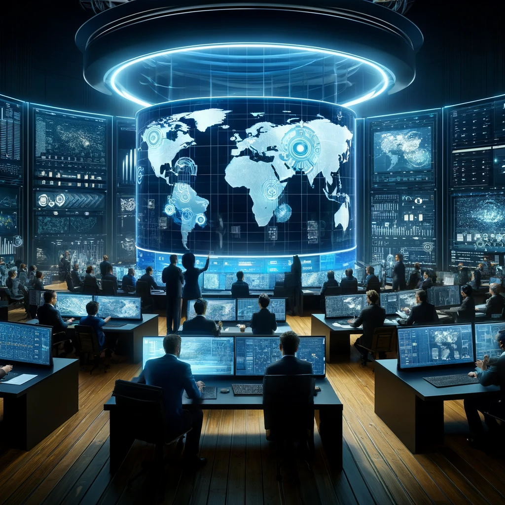A sophisticated cyber threat monitoring center, featuring cybersecurity professionals of various ethnicities analyzing global cyber threat maps and real-time data.