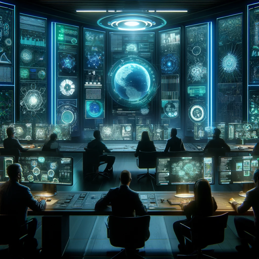 A futuristic cybersecurity control room showcasing AI integration with high-tech screens and a diverse team of professionals.
