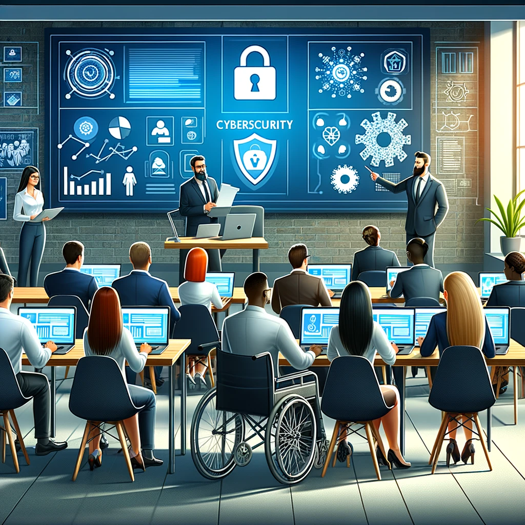 A digital illustration of a diverse group of employees participating in a cybersecurity training session.