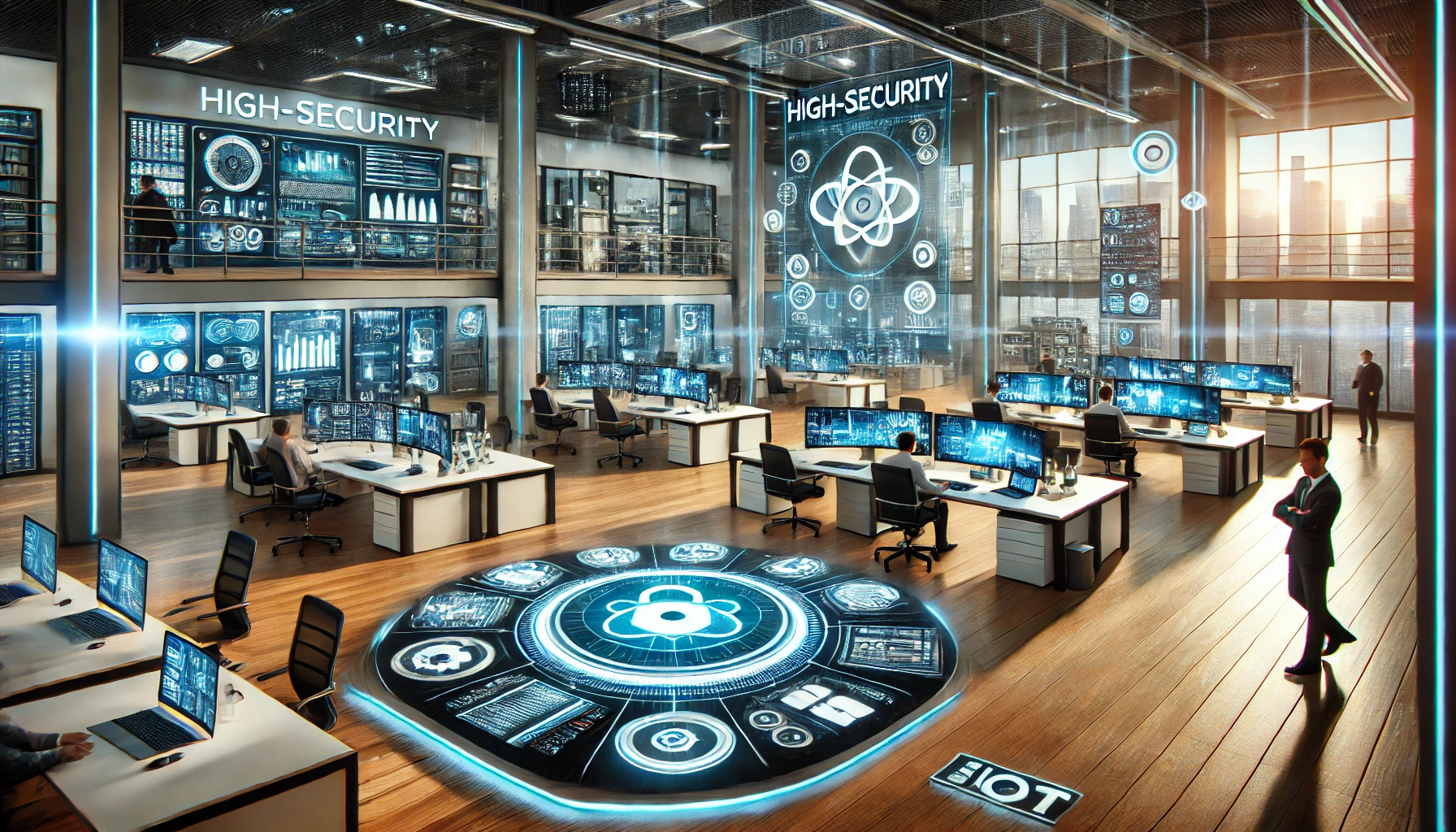 Futuristic office featuring advanced IoT devices, high-tech sensors, smart screens, and robust cybersecurity measures