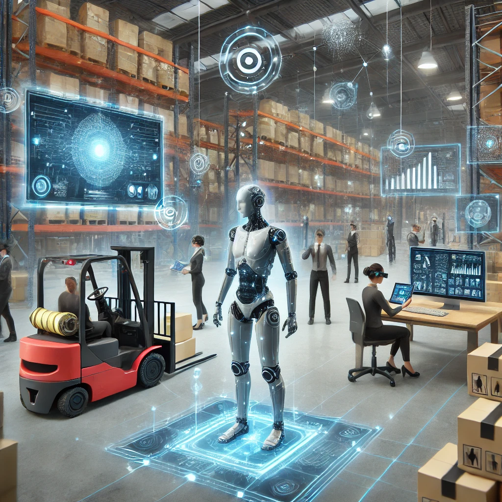 Futuristic supply chain management scene with humanoid robots and AI technologies in a warehouse