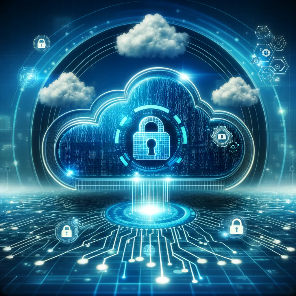 A futuristic cloud security concept featuring digital locks, cloud icons, and a matrix of data connections with a gradient blue background, representing advanced technology and secure data flow in the cloud environment.