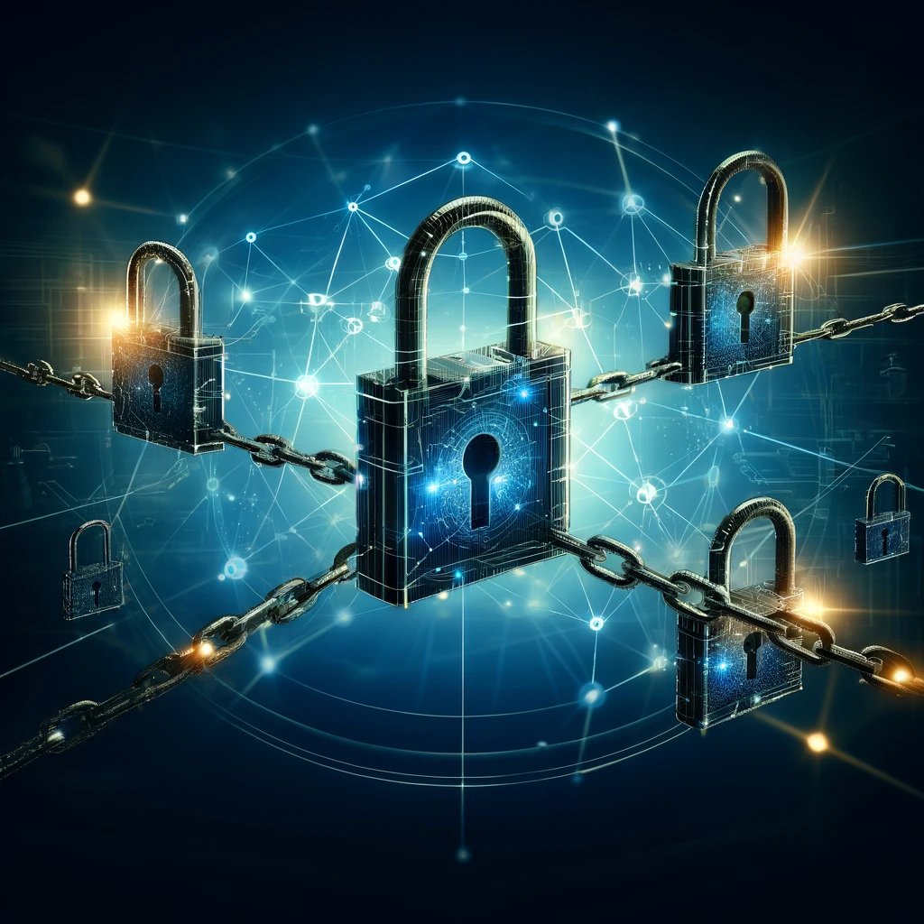 Visual representation of third-party cybersecurity assessments, featuring a secure chain with padlocks connecting multiple digital entities against a dark blue background with interconnected nodes and glowing lines, symbolizing trust, security, and interconnectivity in a modern digital landscape.