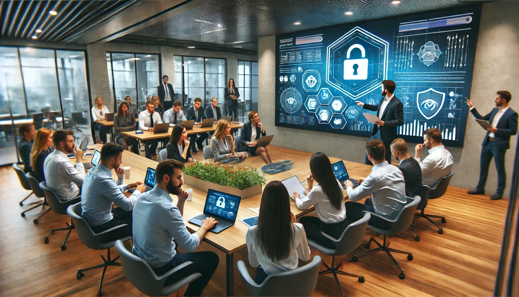 Interactive cybersecurity training session in a modern office setting, with diverse employees engaged and a trainer pointing to a screen