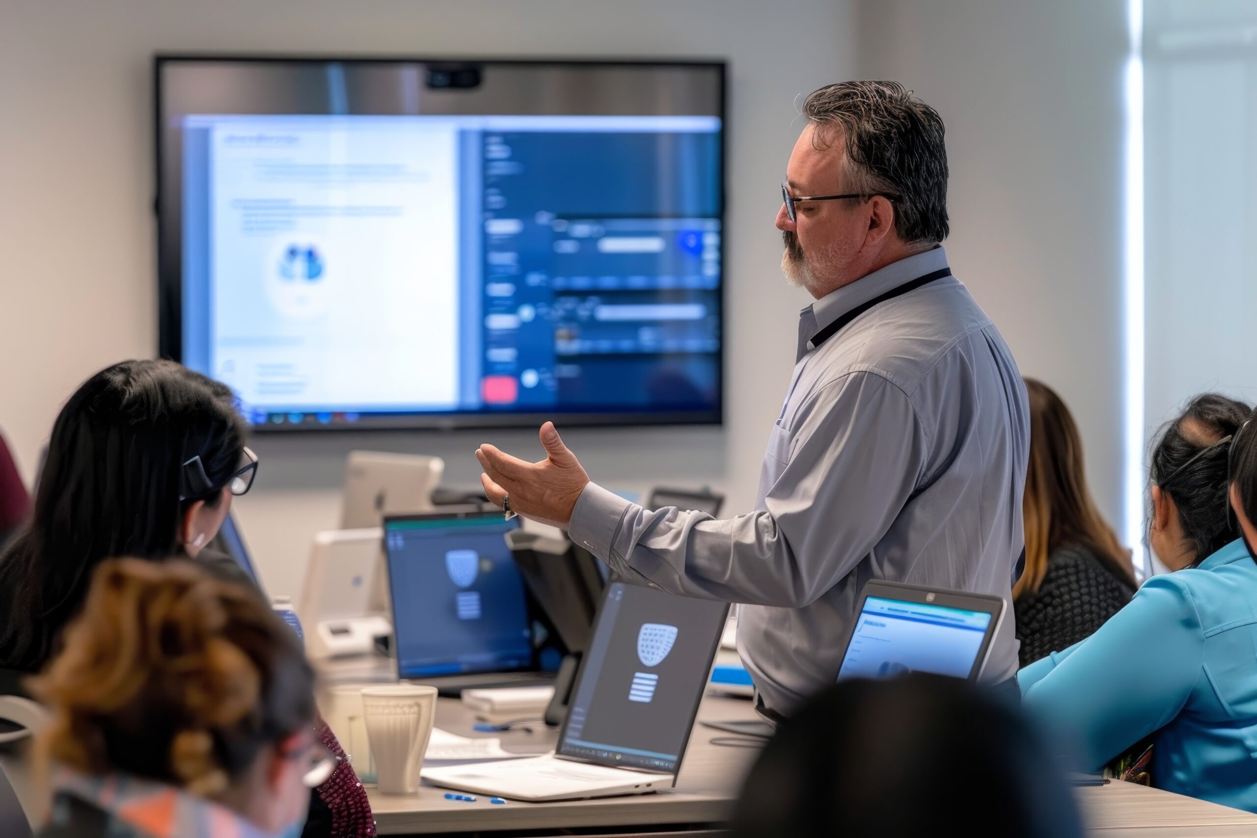 Instructor leading a cybersecurity training session with employees in a modern office, using laptops and a large screen displaying cybersecurity content