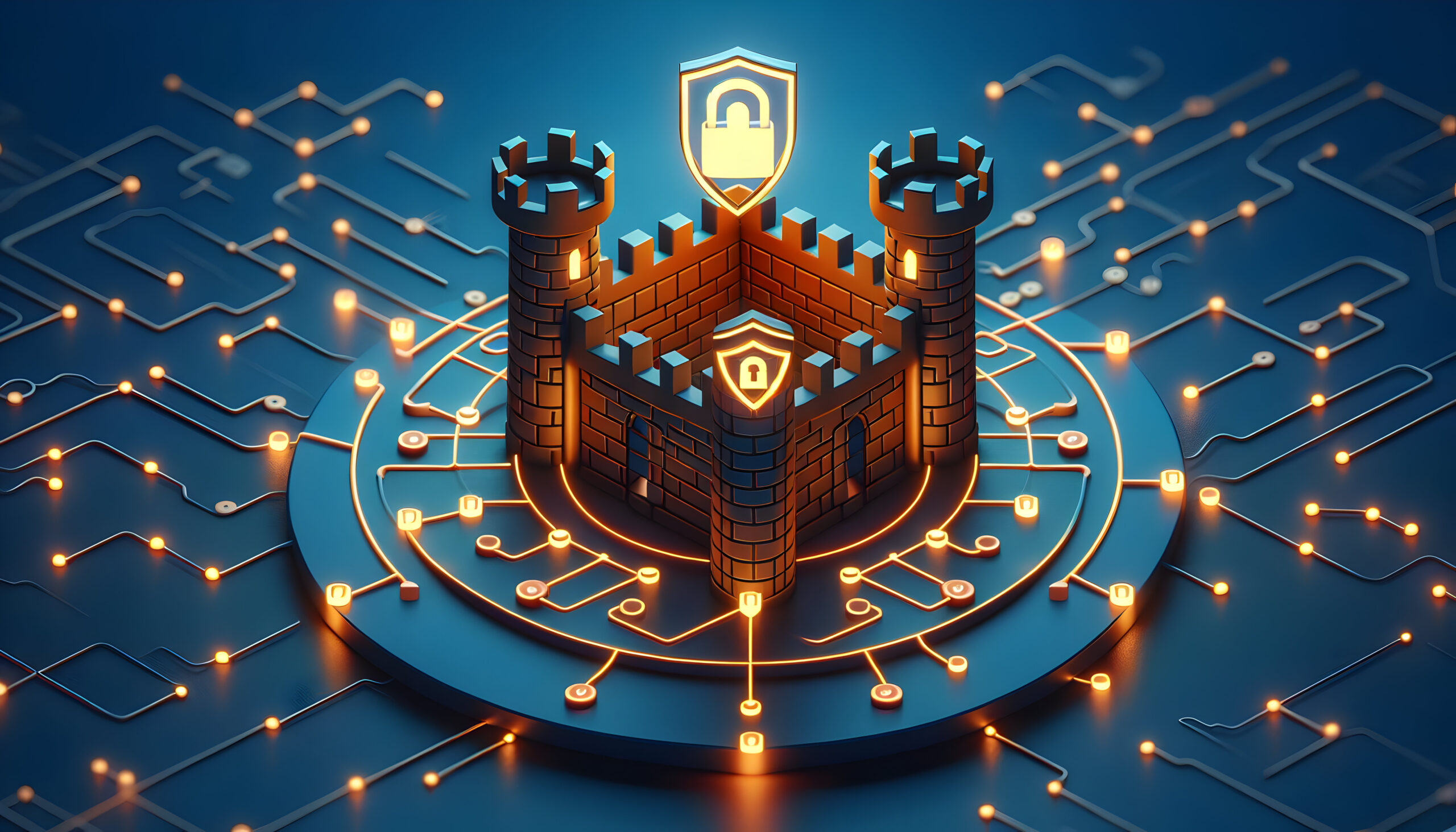 Digital fortress symbolizing robust cybersecurity defenses, surrounded by a network circuit, illustrating the concept of penetration testing.