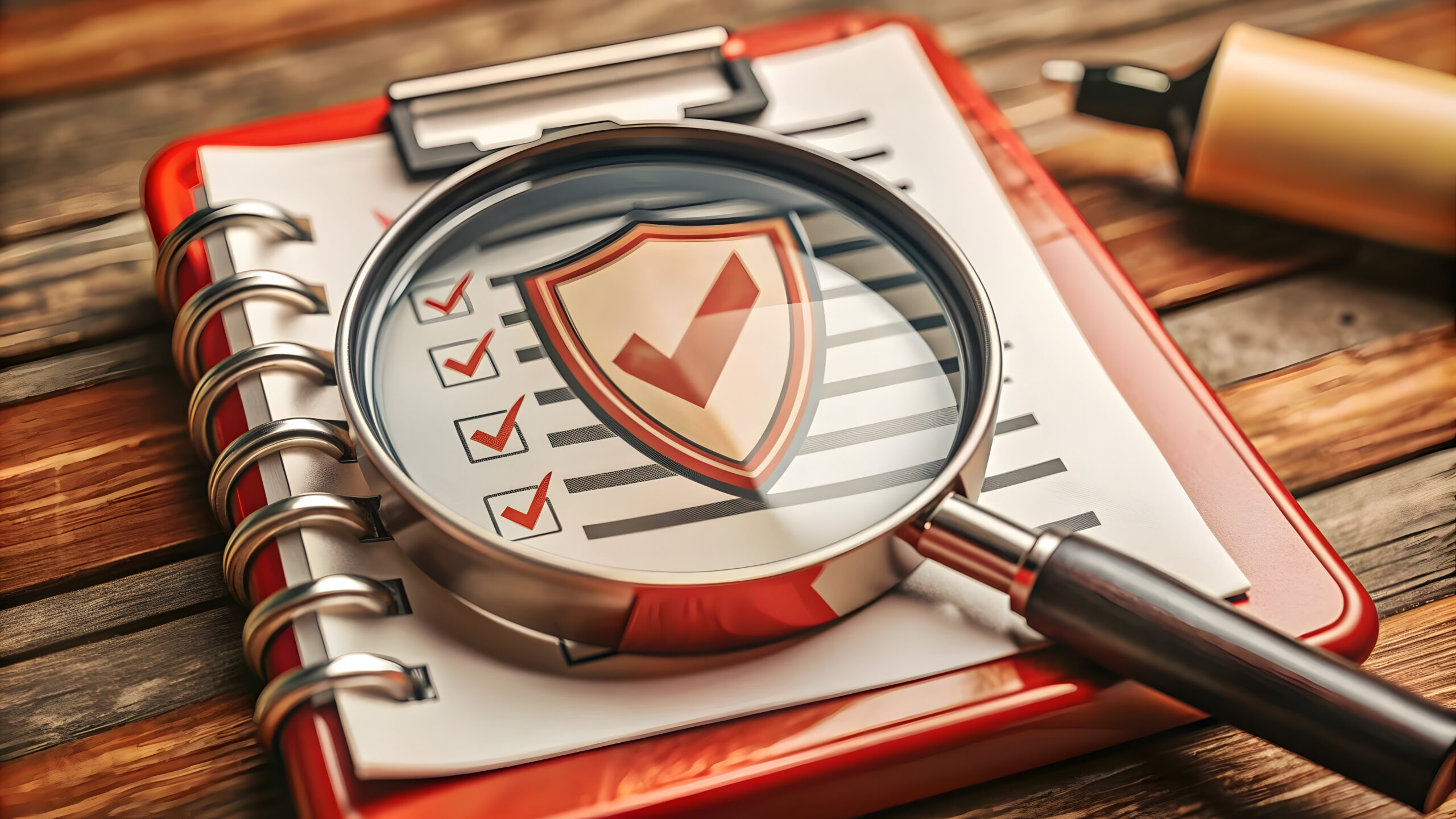 A conceptual illustration depicting a cybersecurity audit checklist with a magnifying glass examining a shield icon, symbolizing meticulous security reviews and risk assessments.