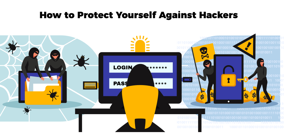 Illustration showing various cybersecurity threats with hackers attempting to breach data security, emphasizing the importance of protection against hackers