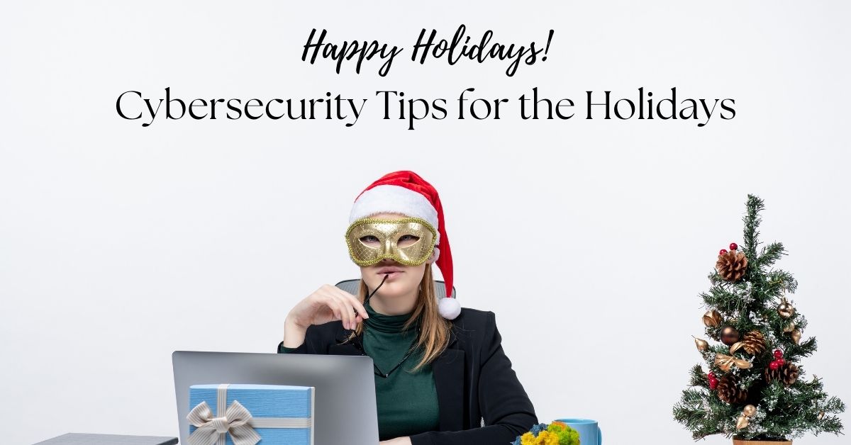 A festive professional wearing a Santa hat and gold mask, sitting at a desk with a laptop and small Christmas tree, promoting cybersecurity tips for the holidays.