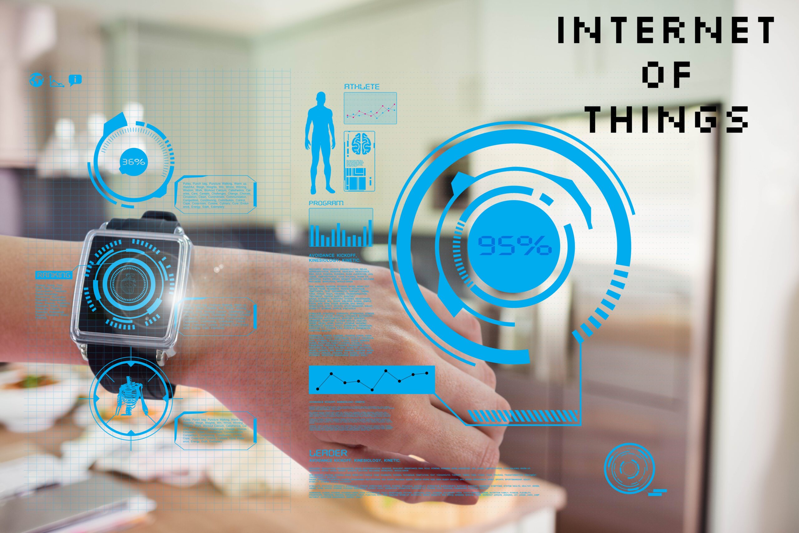 A smartwatch displaying augmented reality data, representing IoT cybersecurity challenges and the increasing risks of connected devices in various industries.