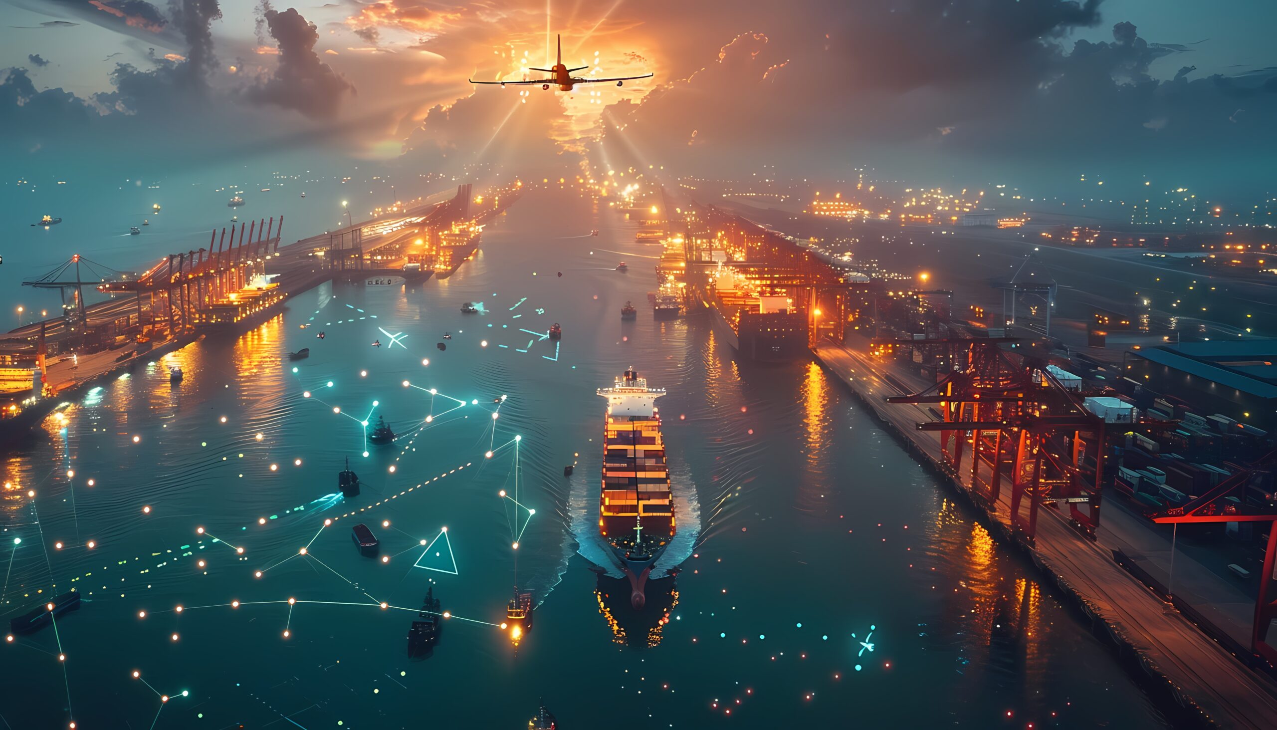 A bustling maritime port illuminated at sunset, showcasing interconnected shipping operations and digital holograms symbolizing technological advancements in cybersecurity for the global supply chain.