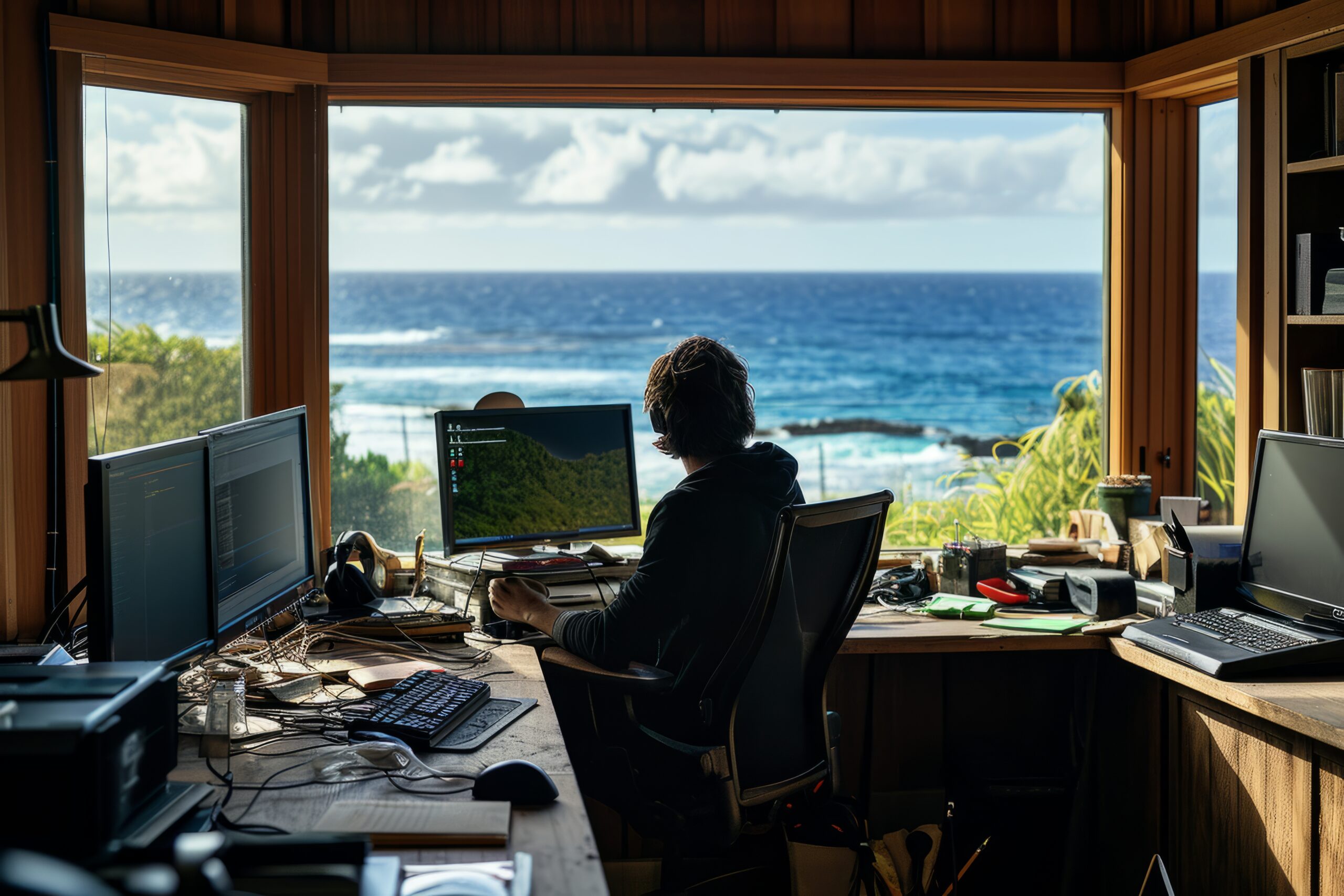 A remote worker using a multi-monitor setup in a home office overlooking the ocean, highlighting cybersecurity challenges for remote teams and cloud security risks.