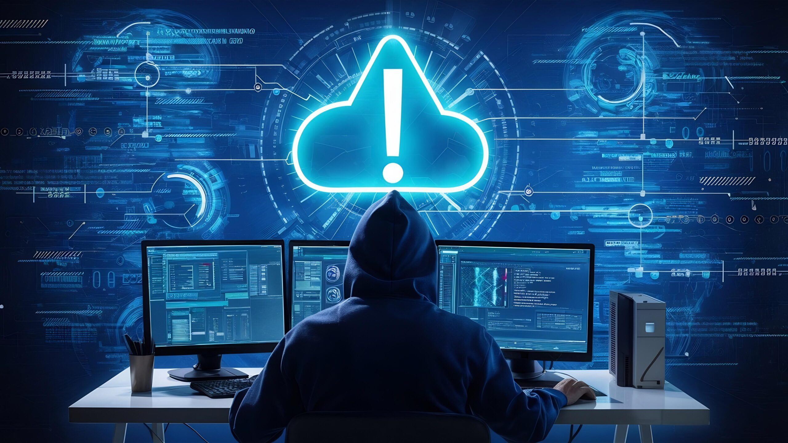 A hacker in a hoodie sitting at a desk with multiple monitors displaying cybersecurity alerts, symbolizing cloud security threats and cyber intrusions.