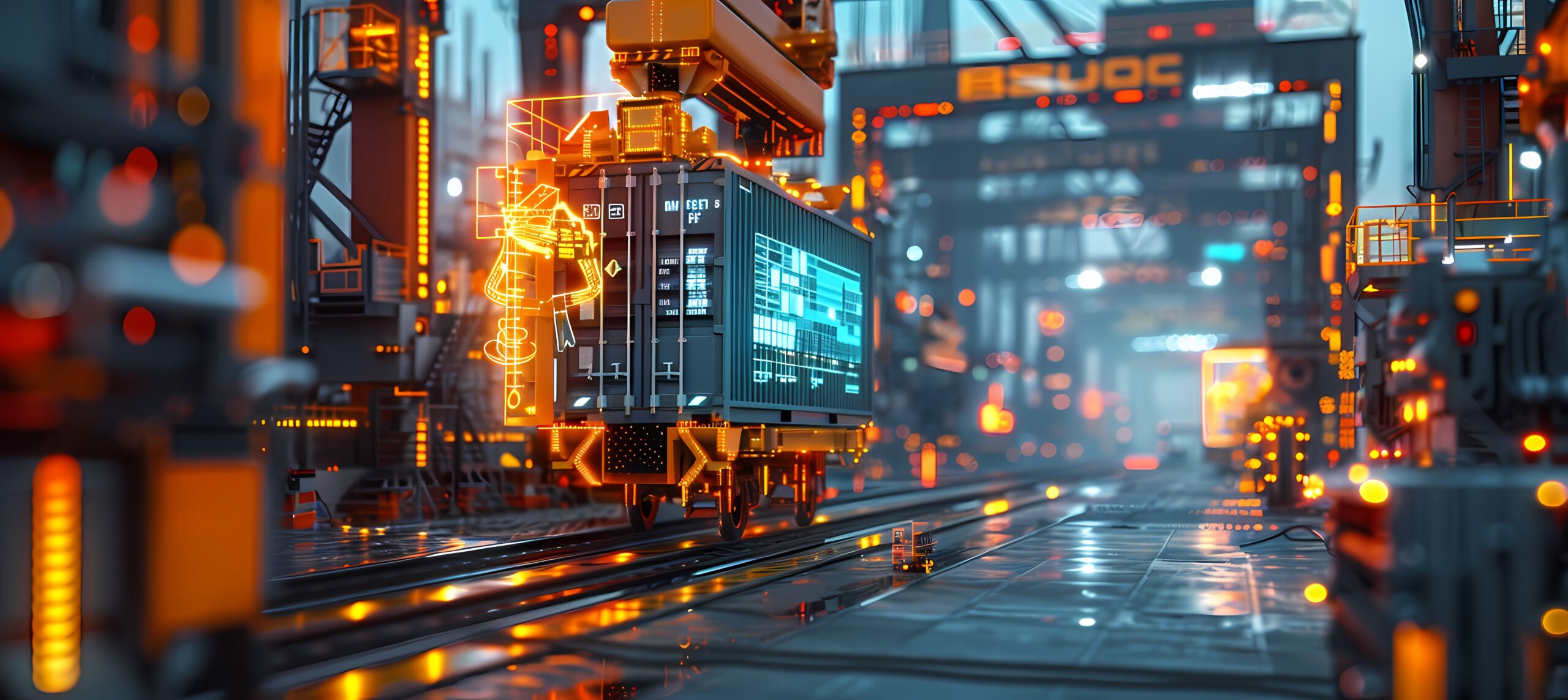 A futuristic logistics hub with automated container handling and digital cybersecurity overlays, representing the future of supply chain resilience and automation.