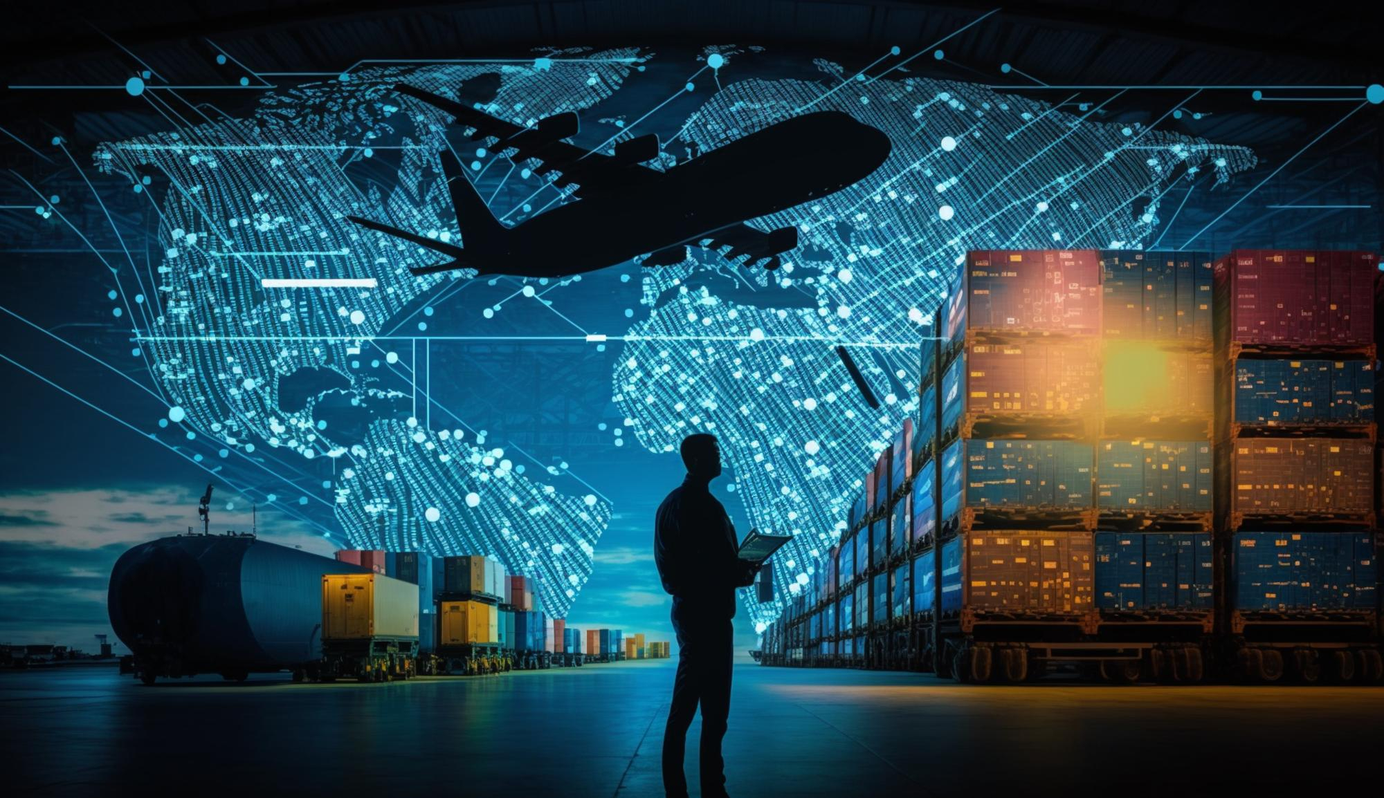 A logistics professional analyzing supply chain data with digital overlays of global trade routes, shipping containers, and an aircraft, representing automation and cybersecurity in logistics.