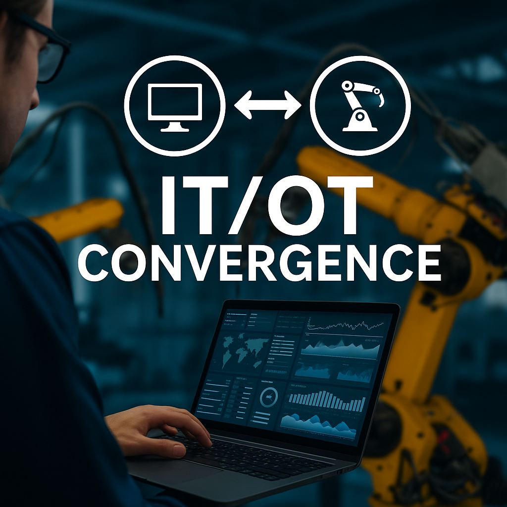 Engineers monitoring IT and OT systems in a secure operations center representing convergence and cybersecurity management