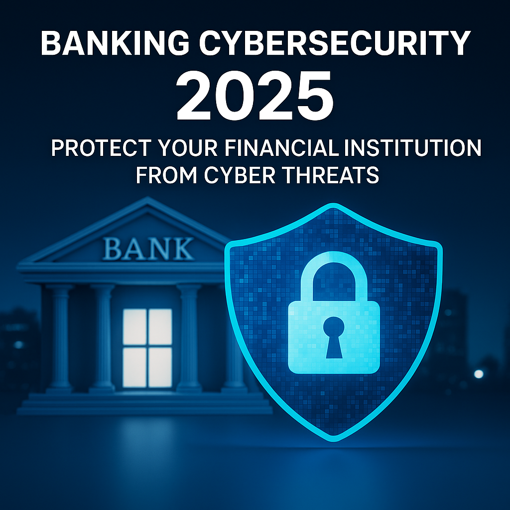 Digital graphic highlighting cybersecurity risks and solutions in the banking sector with call to action for data protection