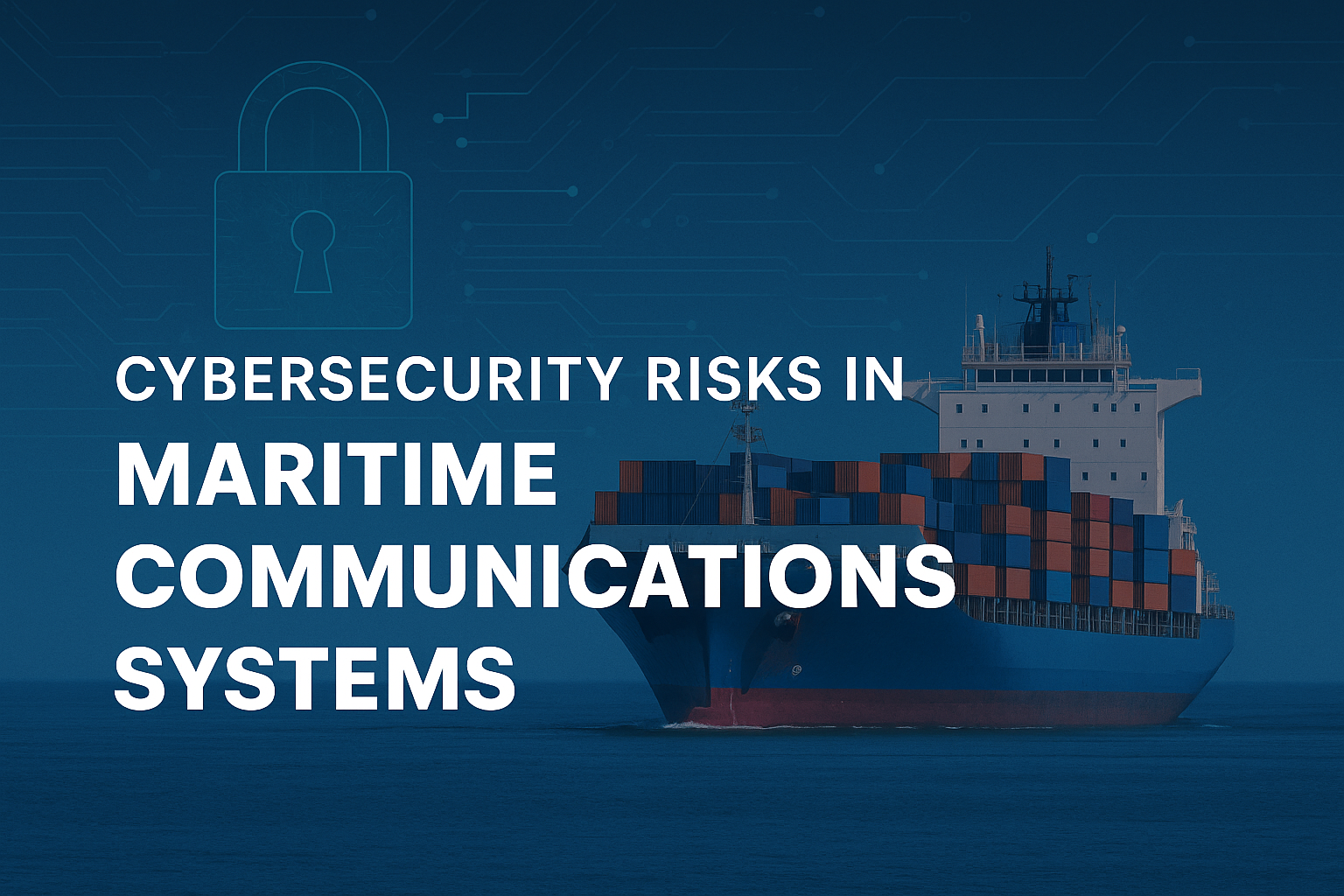 Cargo ship at sea with cybersecurity overlay highlighting maritime communications risks