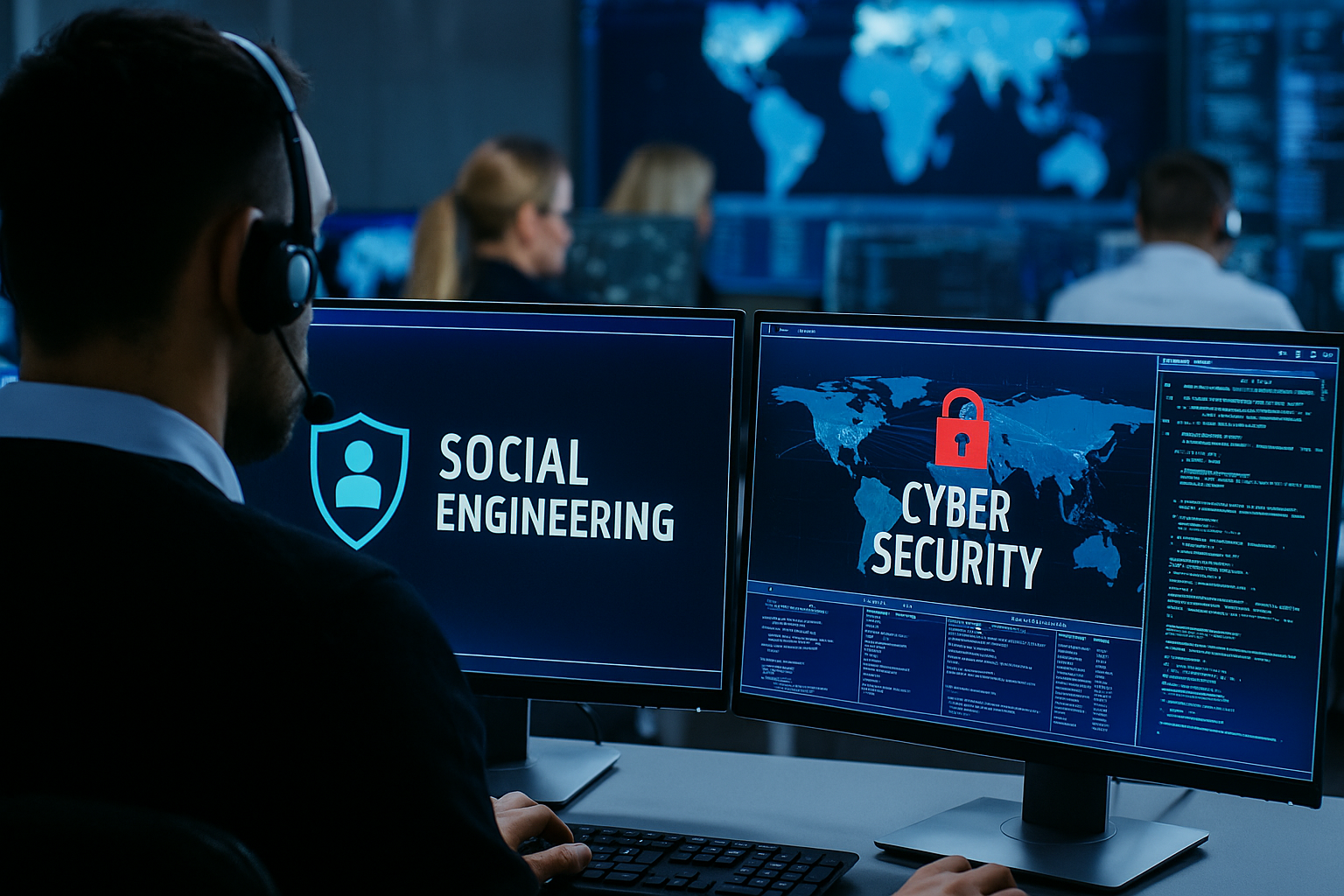 Security operations center analyst monitoring social engineering and cybersecurity alerts on dual monitors