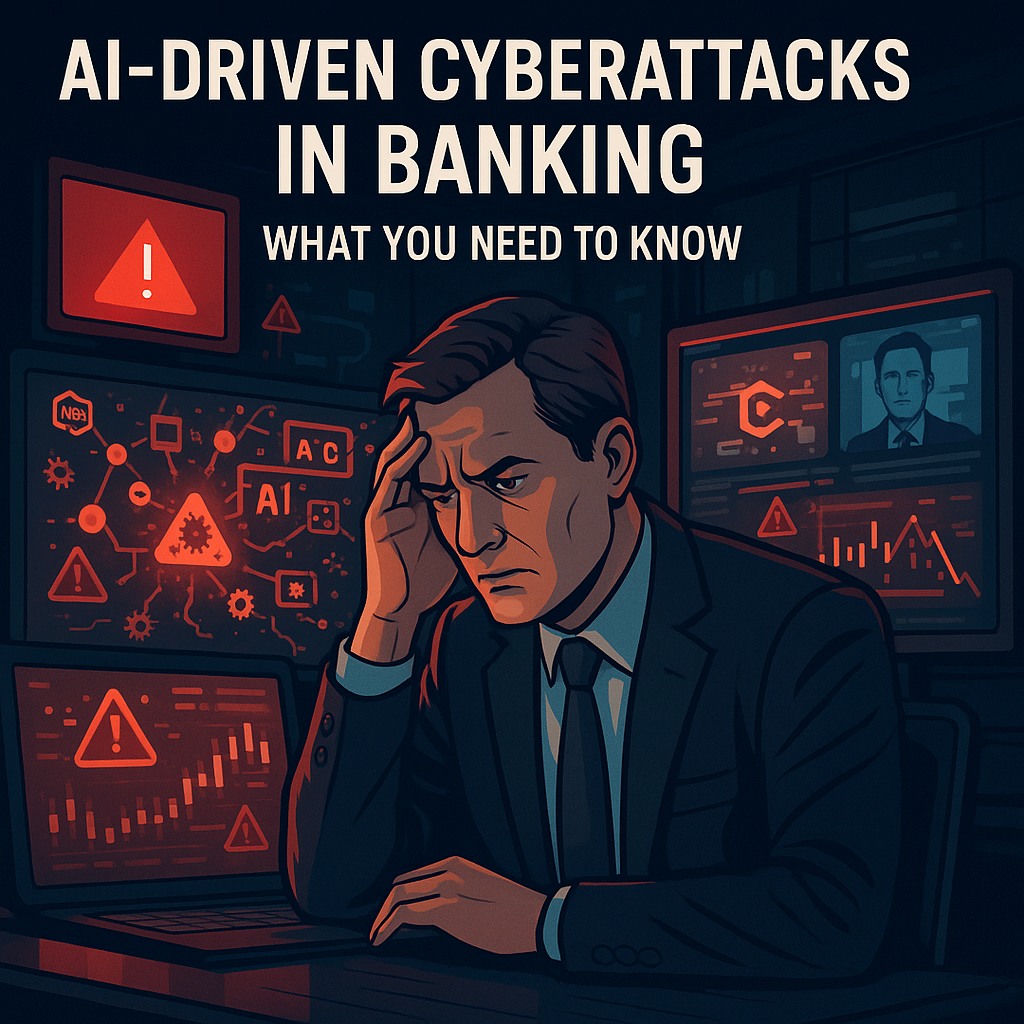 Illustration of AI-driven cyberattacks affecting banking systems in 2025