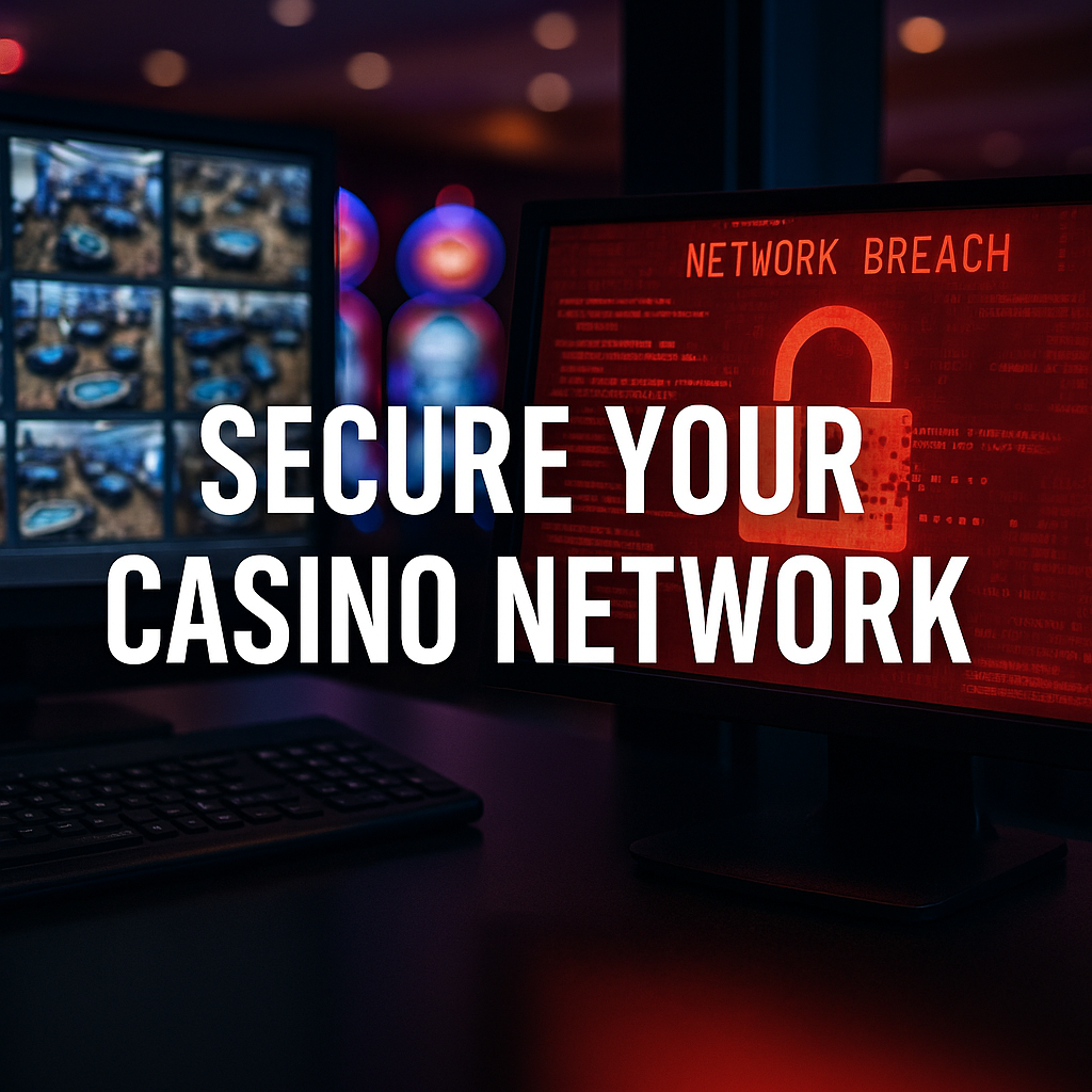 A casino surveillance system showing a breach warning on one screen and camera feeds on another