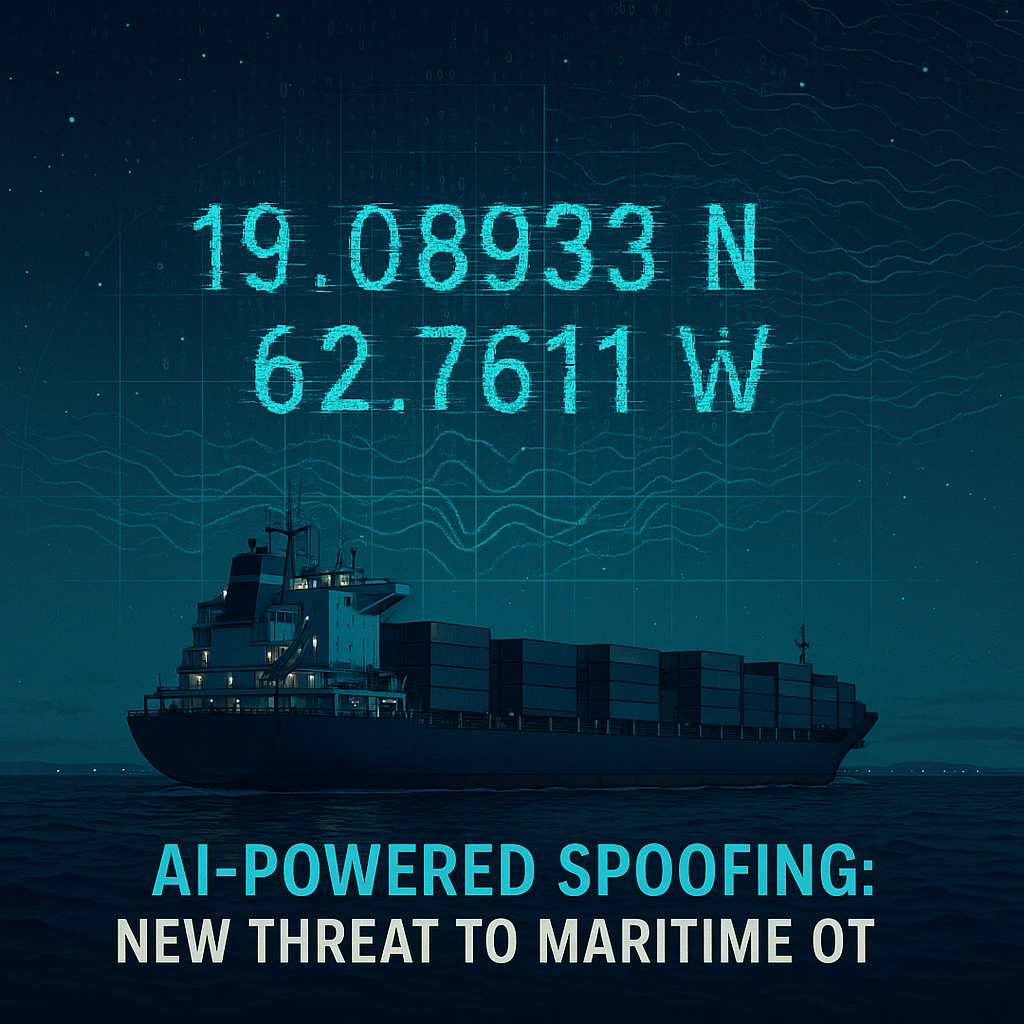 Cargo ship with AI-generated GPS spoofing overlay symbolizing maritime cyber threat