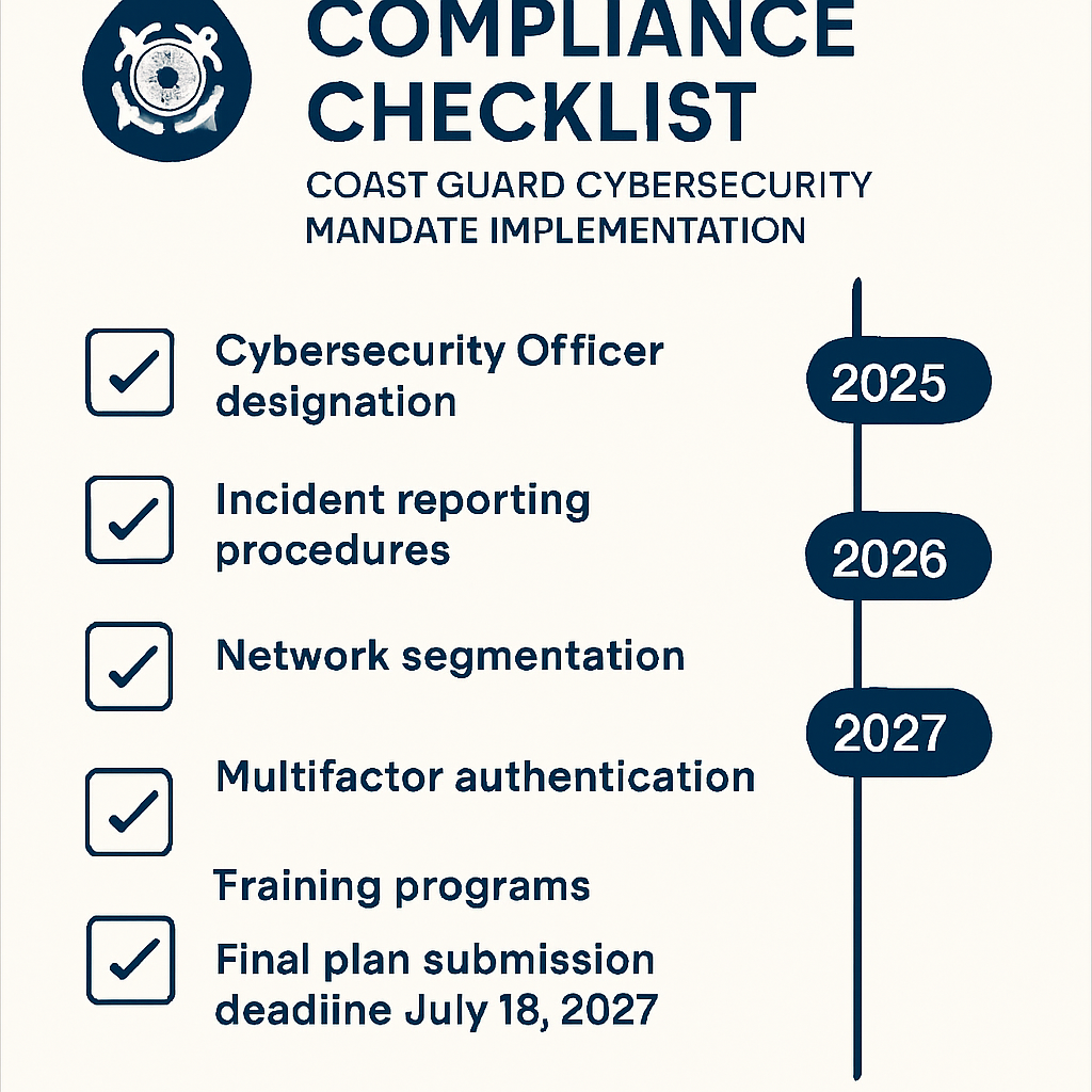 Coast Guard cybersecurity mandate compliance checklist showing implementation timeline from 2025-2027 with key requirements and deadlines