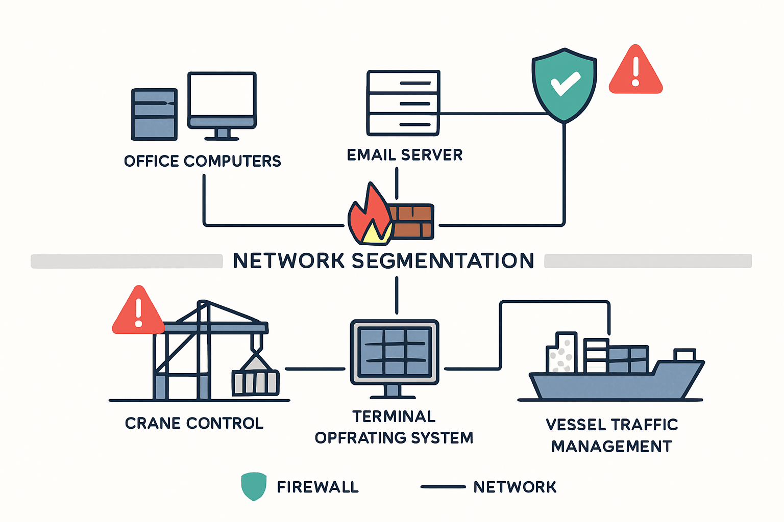 Technical diagram showing OT network architecture in maritime port with highlighted vulnerabilities, network segmentation, and security monitoring points