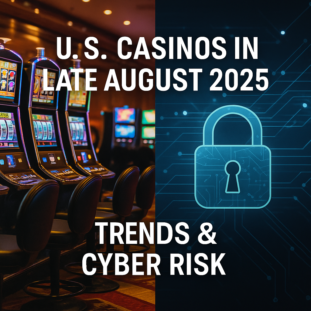 U.S. casinos cybersecurity trends August 2025 — split-screen image showing slot machines and a digital padlock network graphic