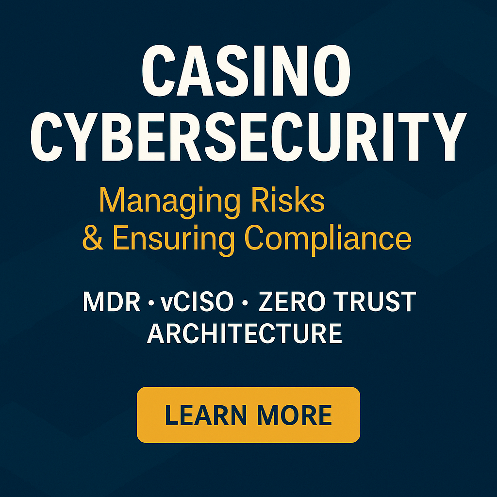 Casino cybersecurity graphic highlighting MDR, vCISO, and Zero Trust architecture for managing risks and ensuring compliance