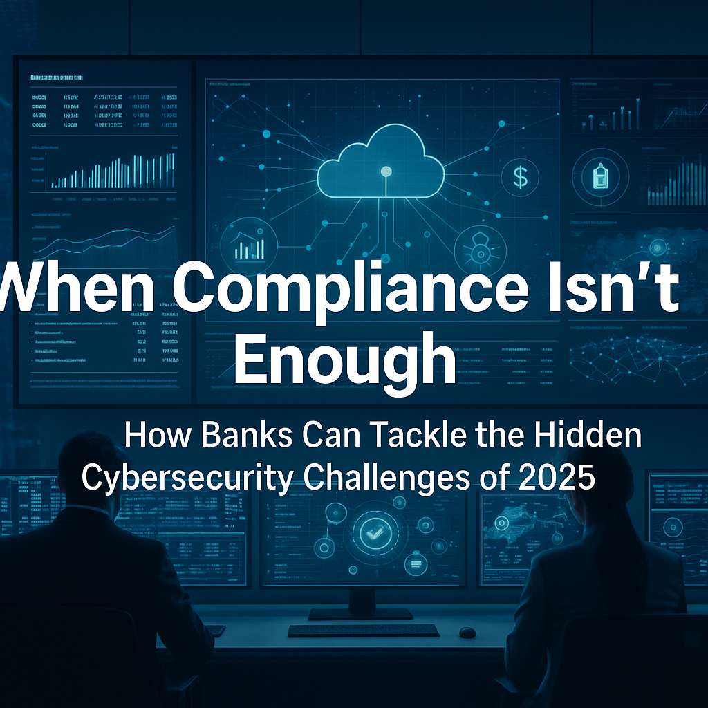 Bank cybersecurity challenges 2025 illustration showing modern financial network and digital overlay.