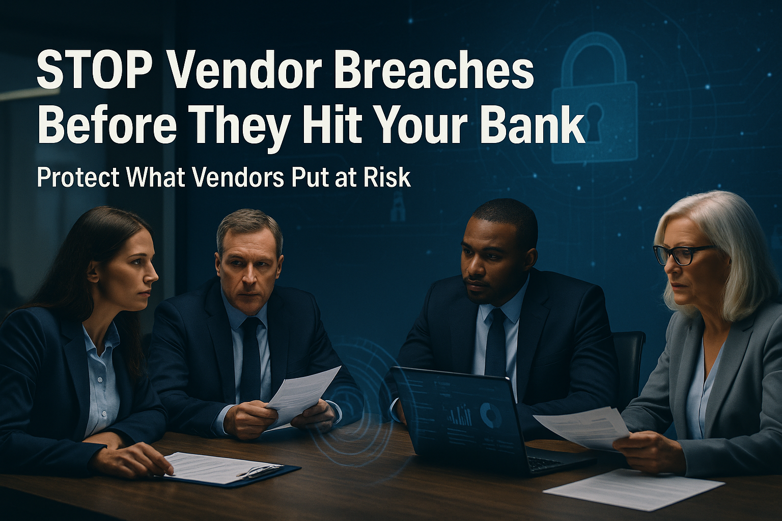 Featured image showing banking executives reviewing vendor cybersecurity risk assessments with overlay text about vendor breach prevention