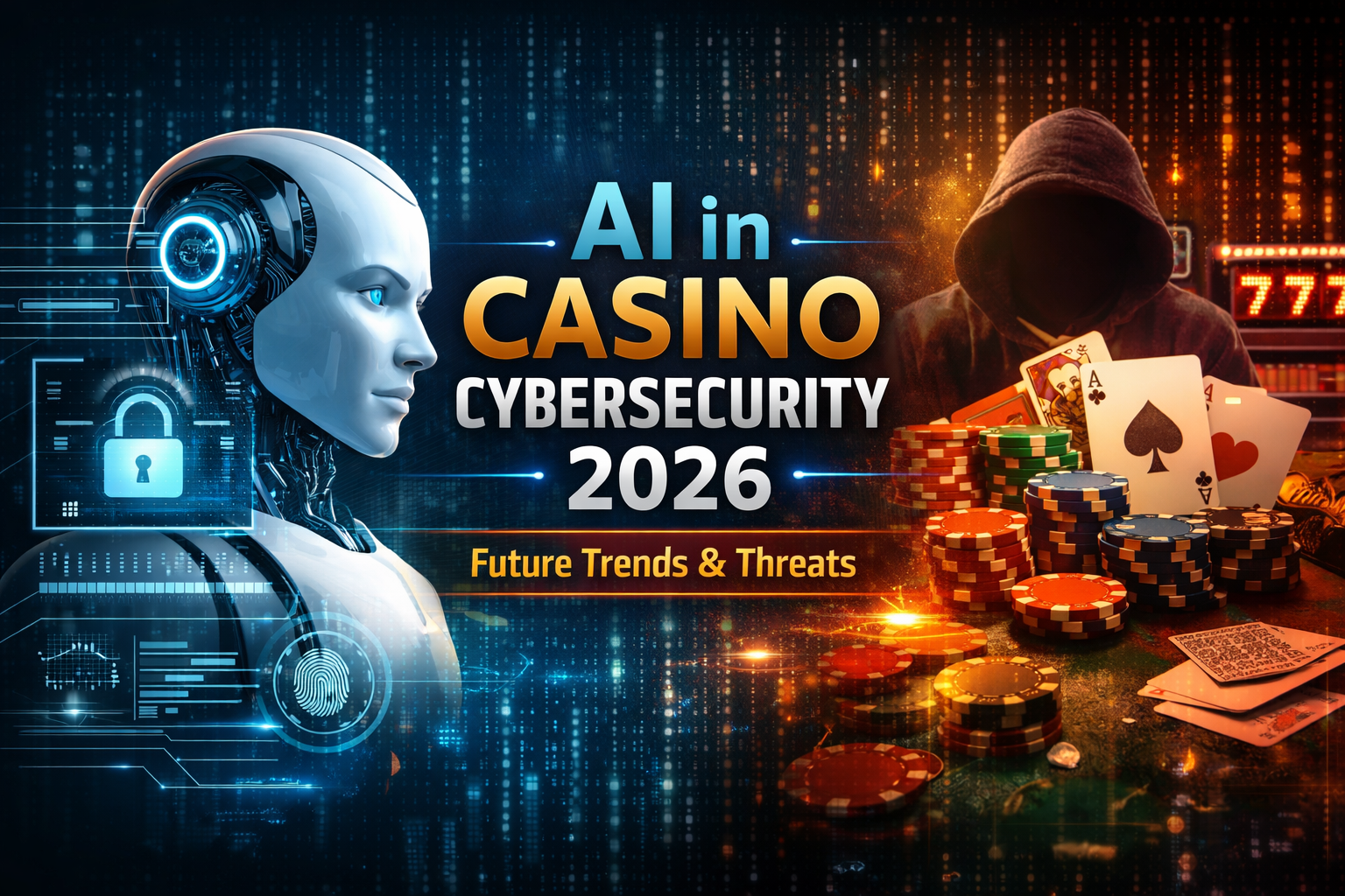 AI in casino cybersecurity 2026 concept showing AI robot securing casino systems and detecting cyber threats