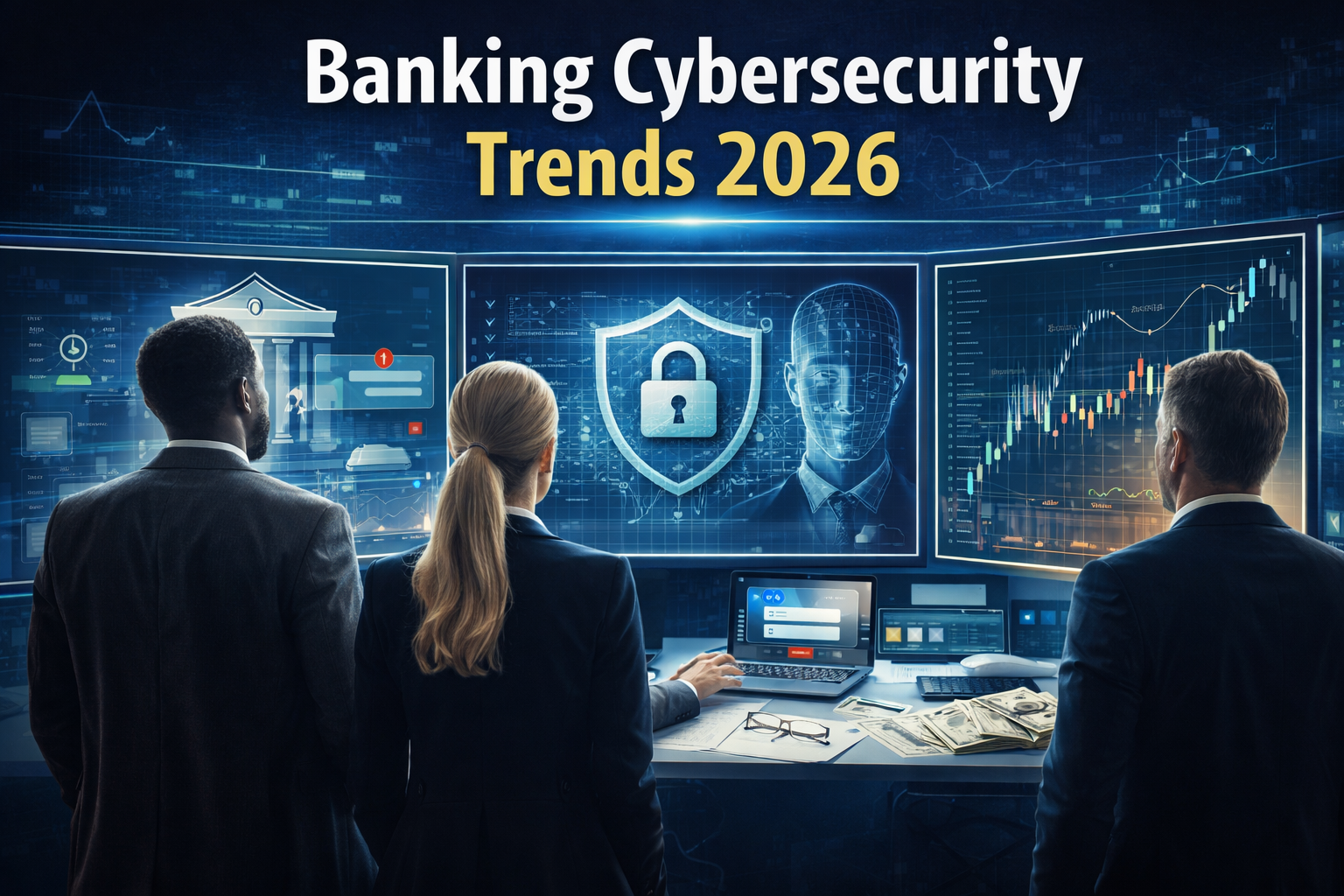 banking cybersecurity trends 2026 with AI threats and financial risk visualization